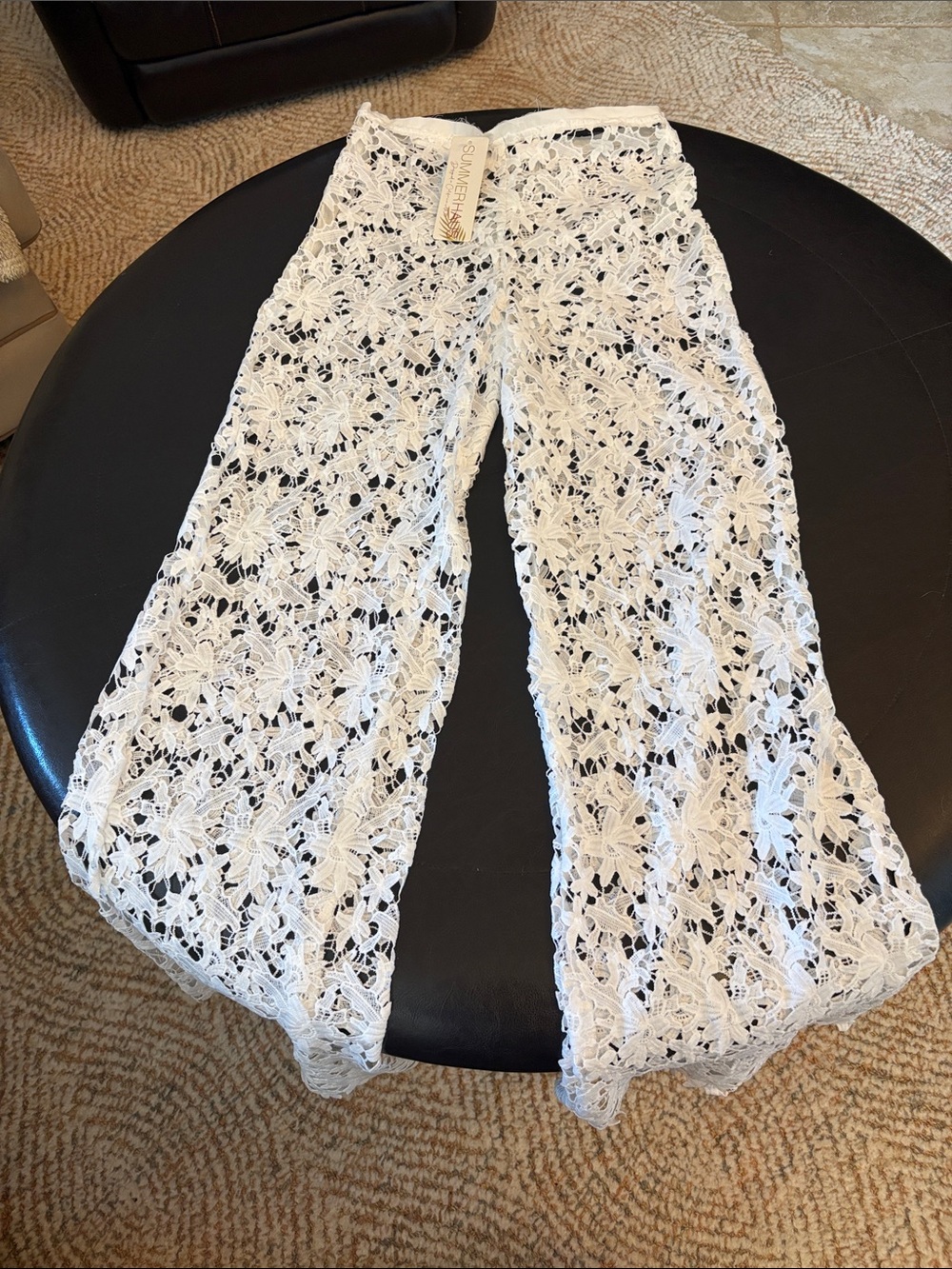 White Floral Crochet Wide-Leg Pants